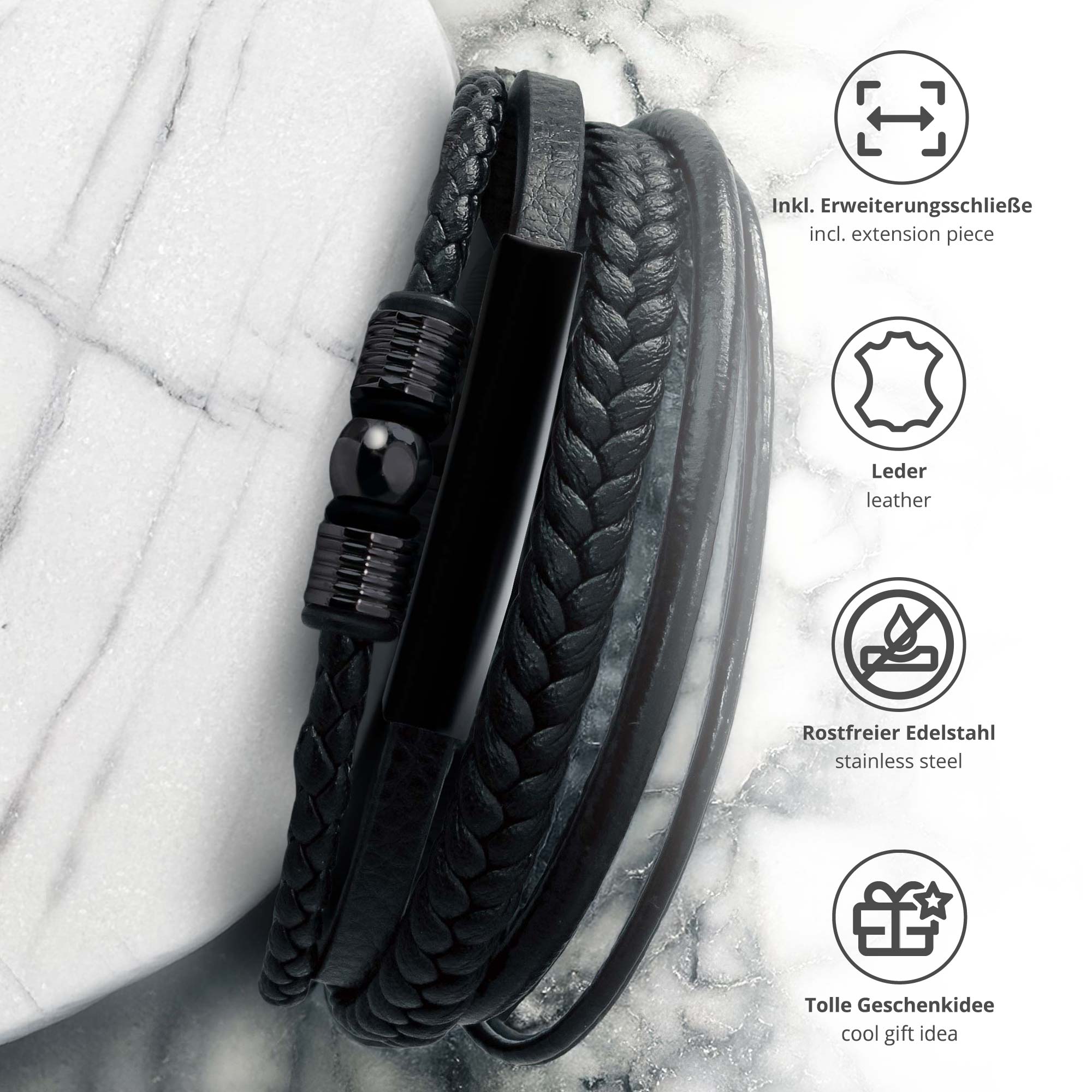 Geflochtenes Lederarmband mit Beads Schwarz - Herren Armband