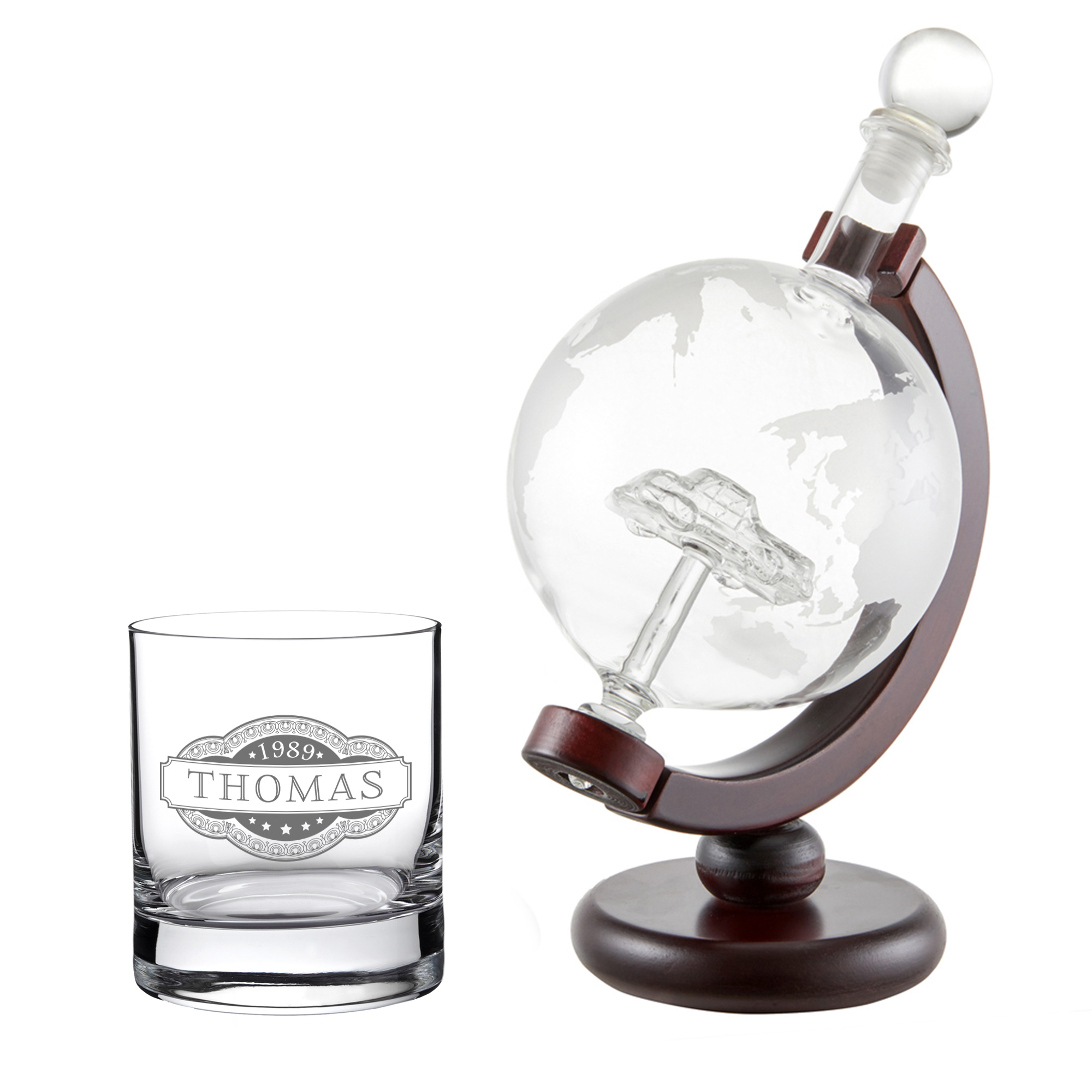 Whiskyset Globus Karaffe Auto und Whiskyglas mit Gravur - Banderole Whiskyset Globus Karaffe Auto und Whiskyglas mit Gravur - Banderole