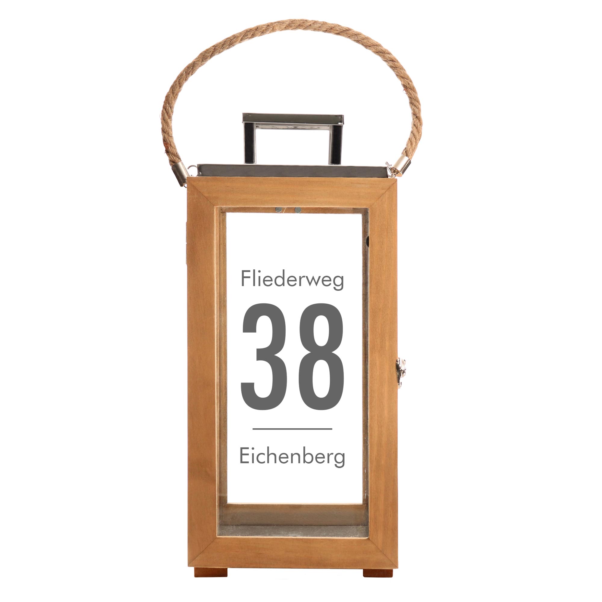 Holzlaterne mit moderner Gravur - Name und Adresse