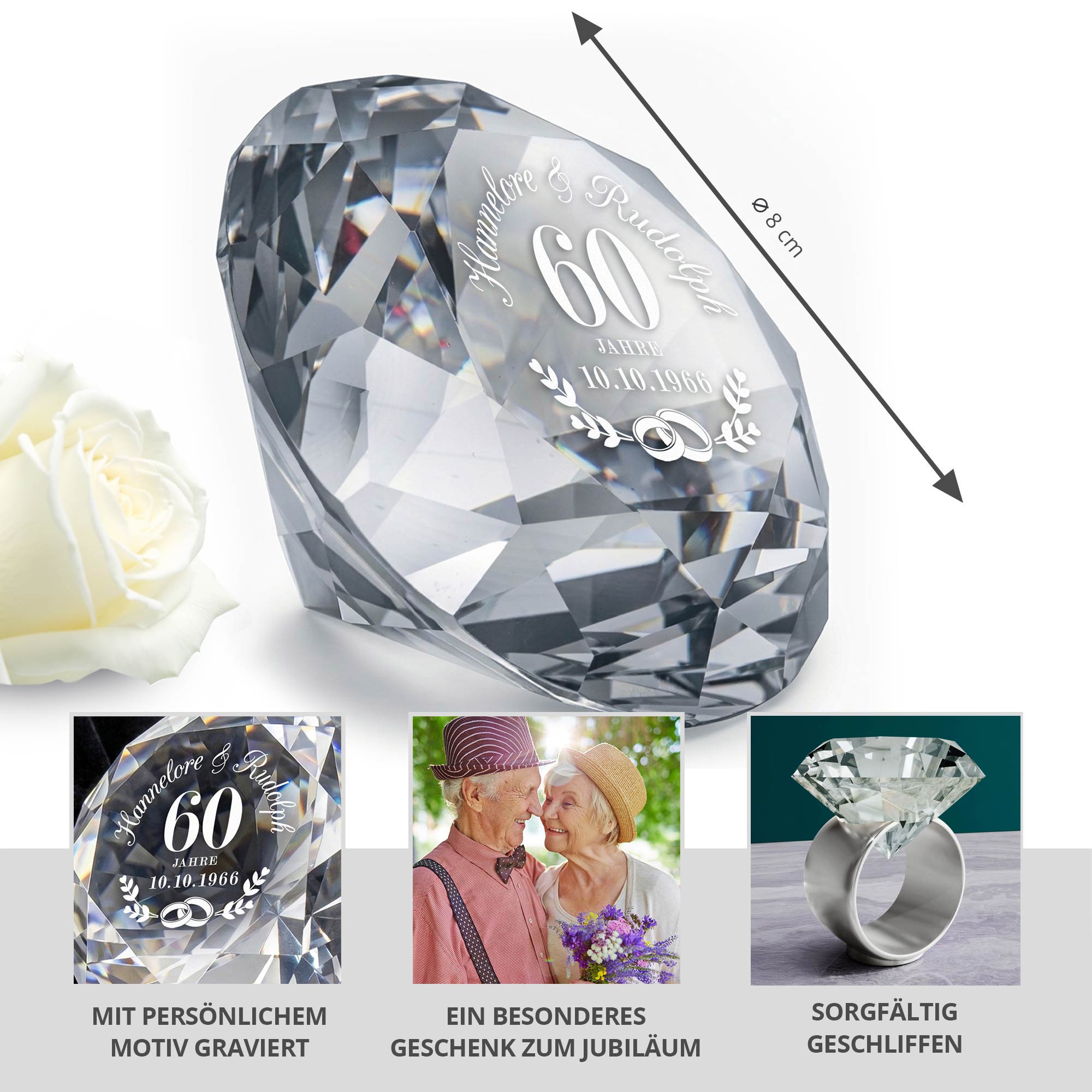Diamant Kristall mit Gravur zur Diamant Hochzeit und Ring Displayständer Silber Diamant Kristall mit Gravur zur Diamant Hochzeit und Ring Displayständer Silber
