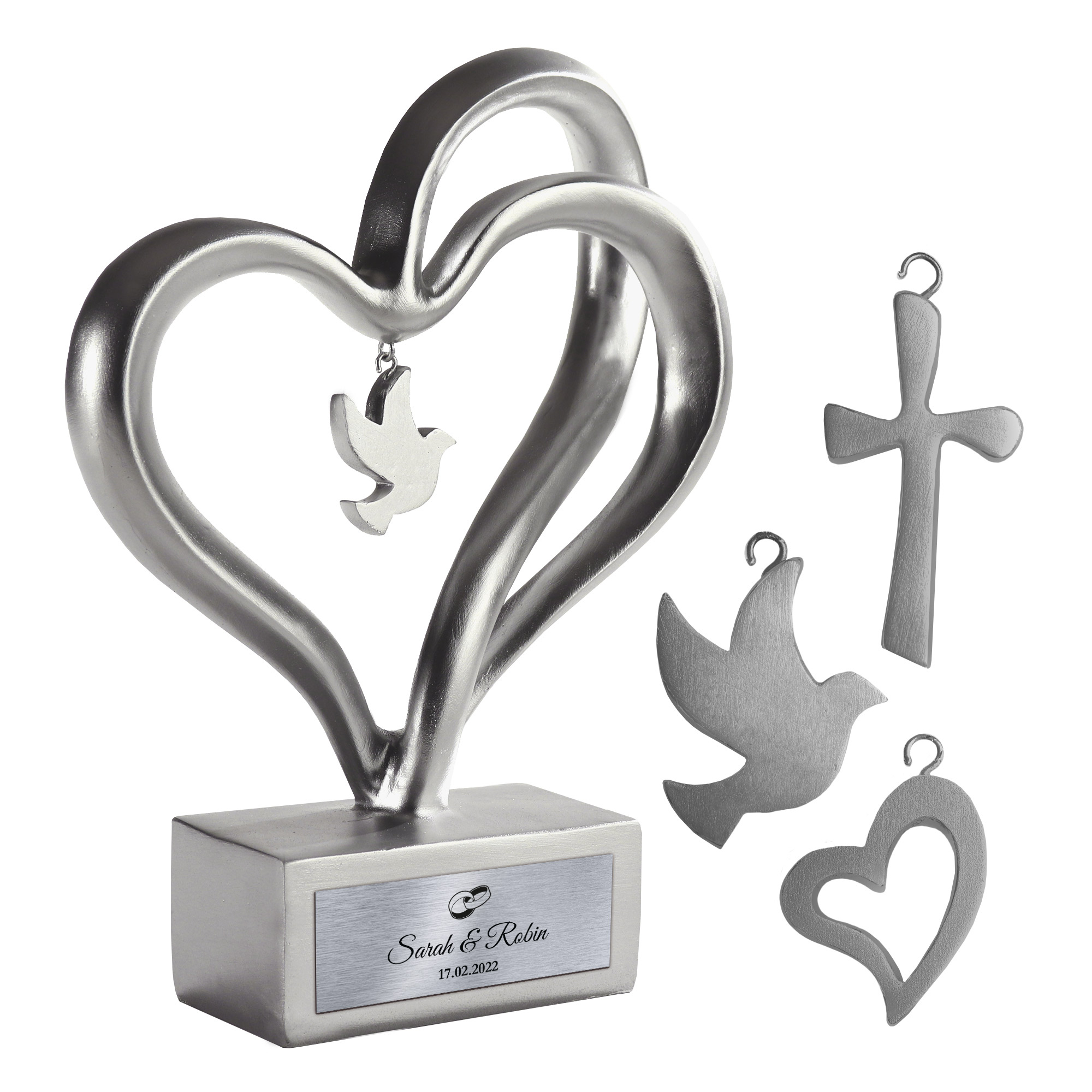 Personalisierte Silber Herz Skulptur zur Hochzeit