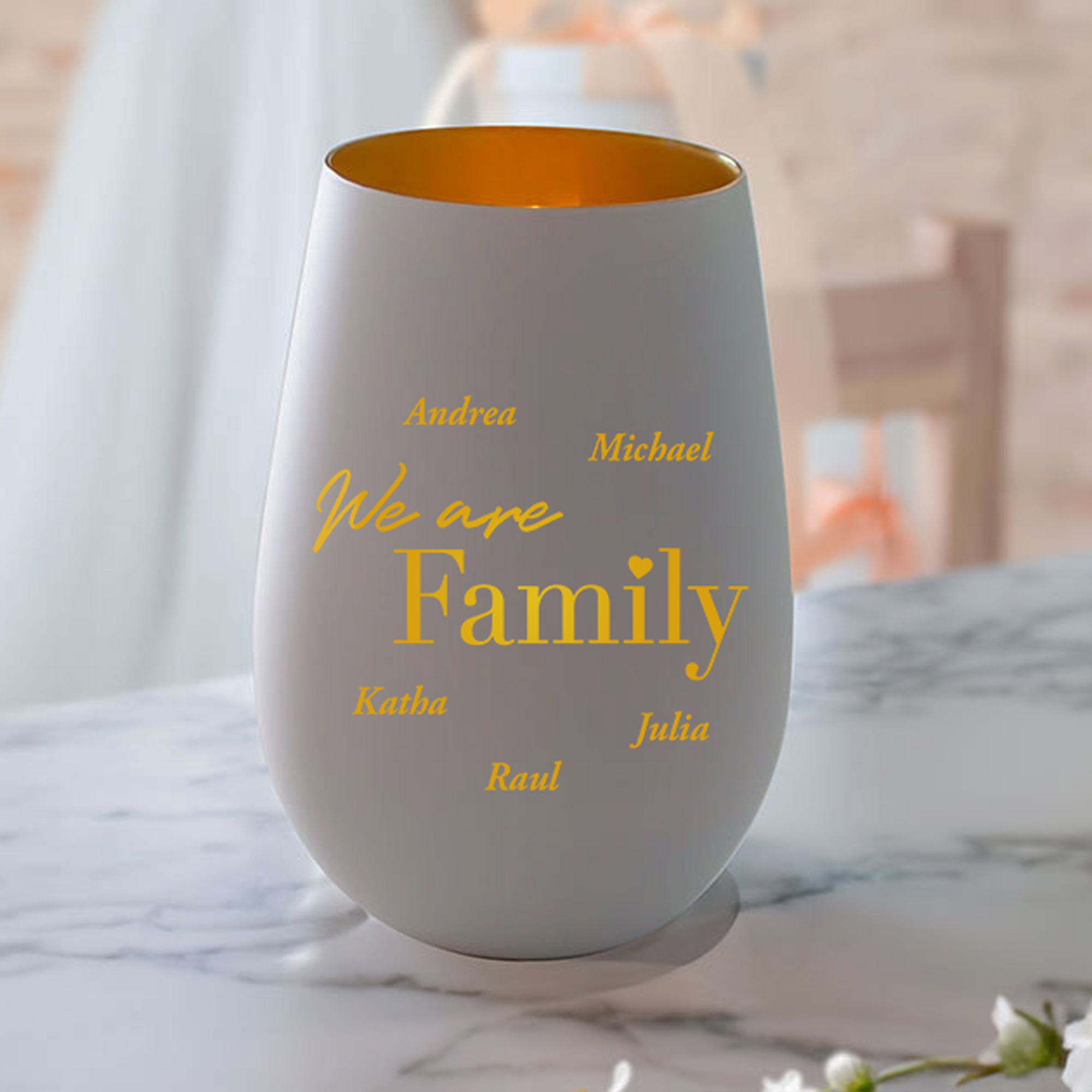 Weißes Windlicht mit Gravur - Family