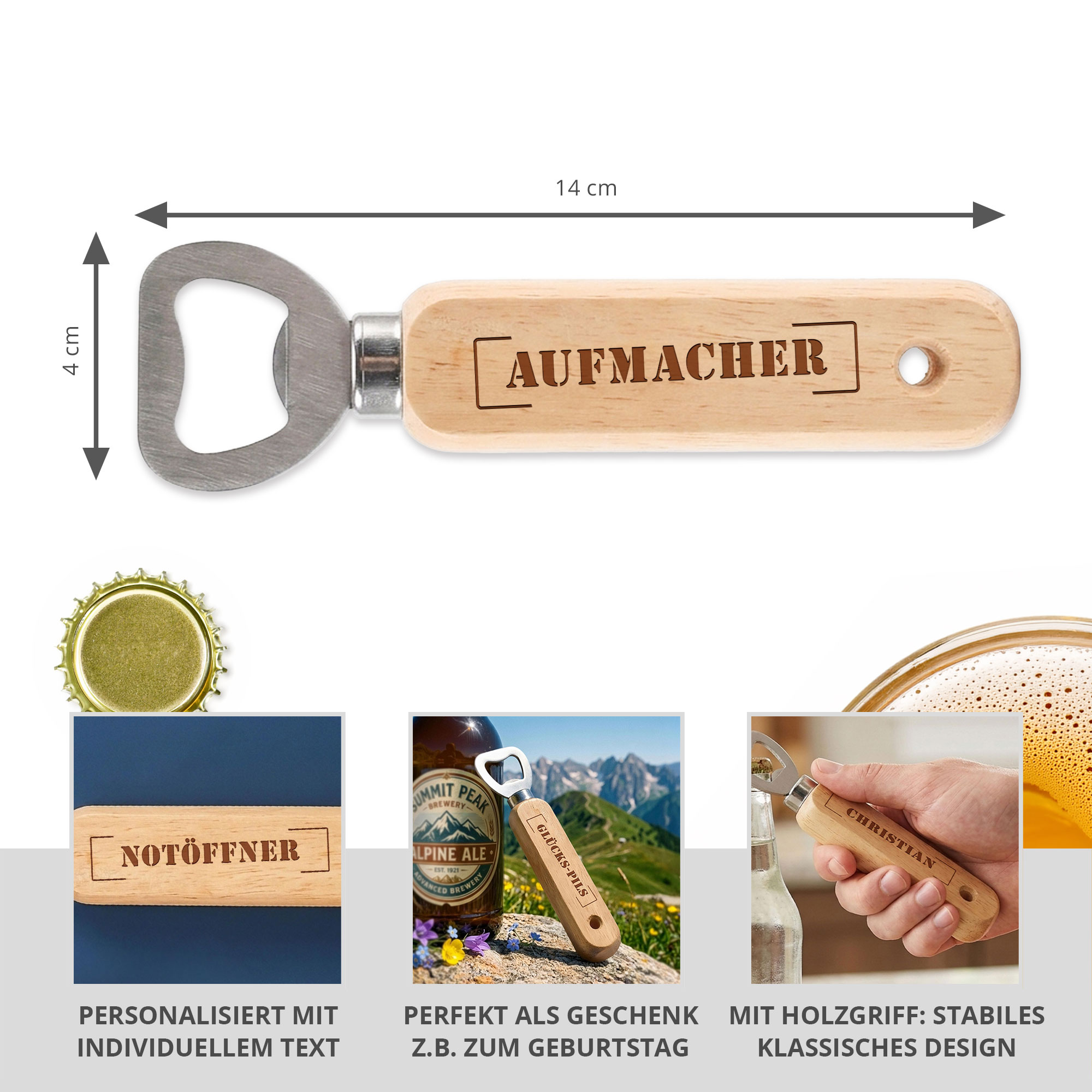 Personalisierter Flaschenöffner aus Holz - Stempel