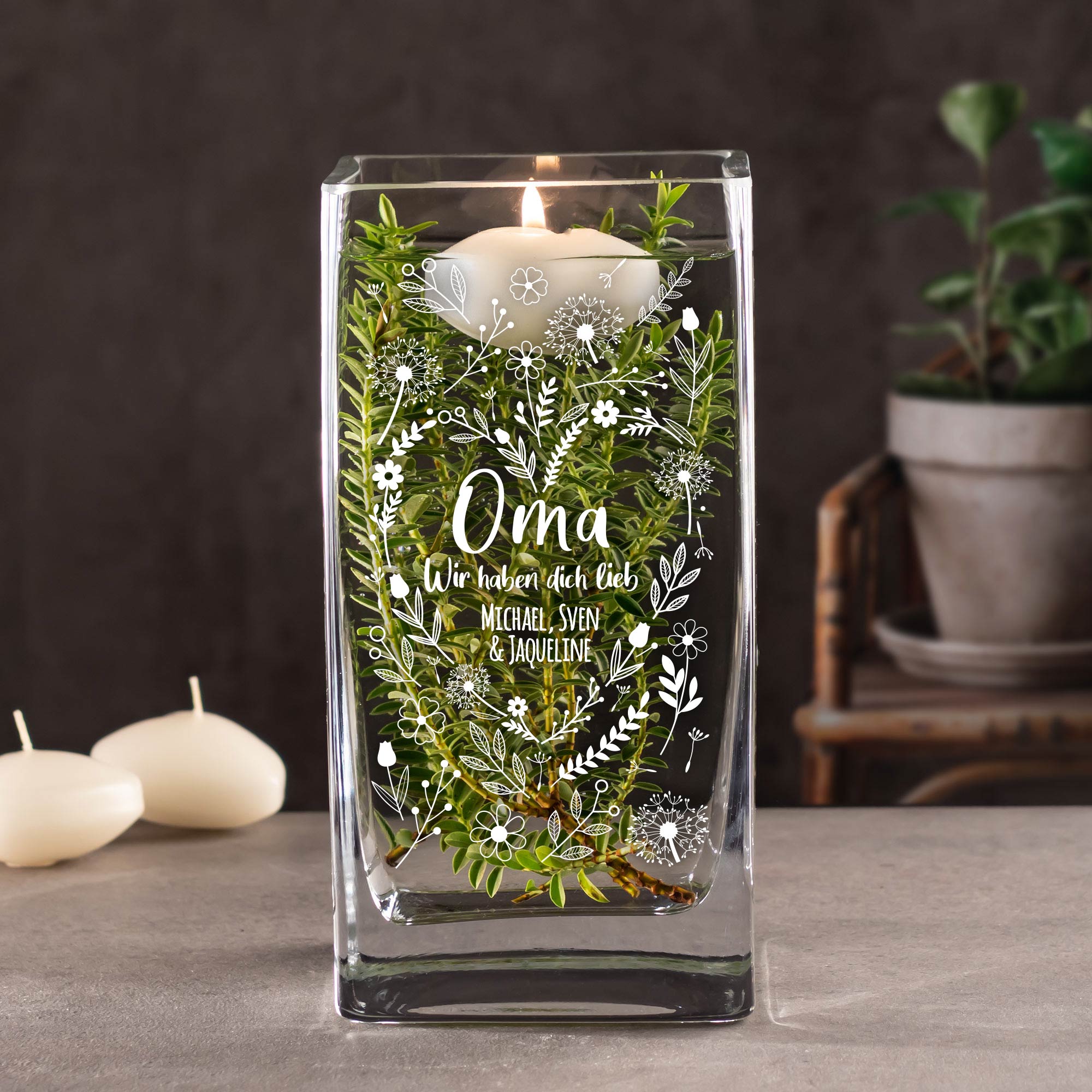 Vase mit Gravur - Blumenherz für Oma 4152 Vase mit Gravur - Blumenherz für Oma 4152