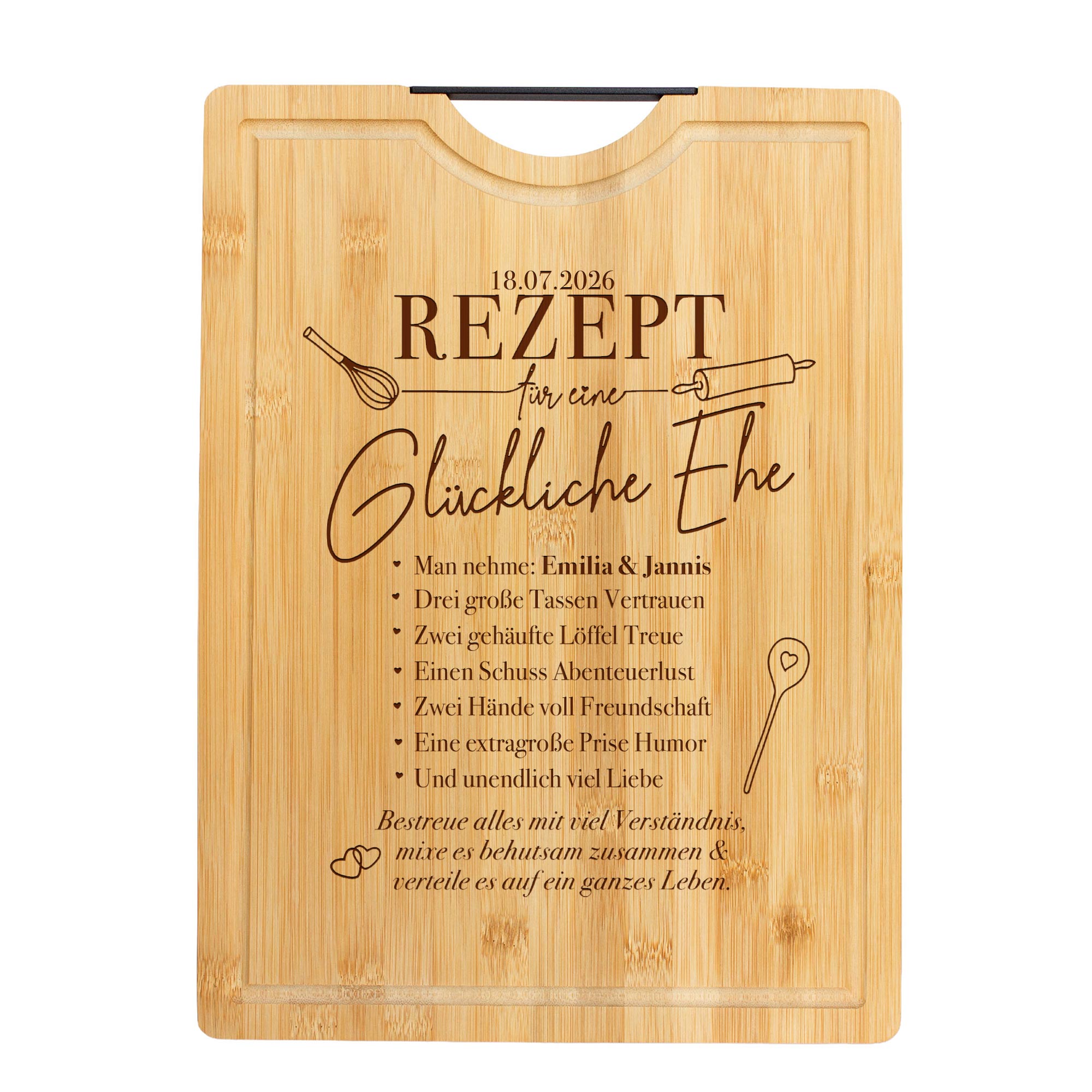 Bambusholz Schneidebrett mit Gravur - Rezept glückliche Ehe