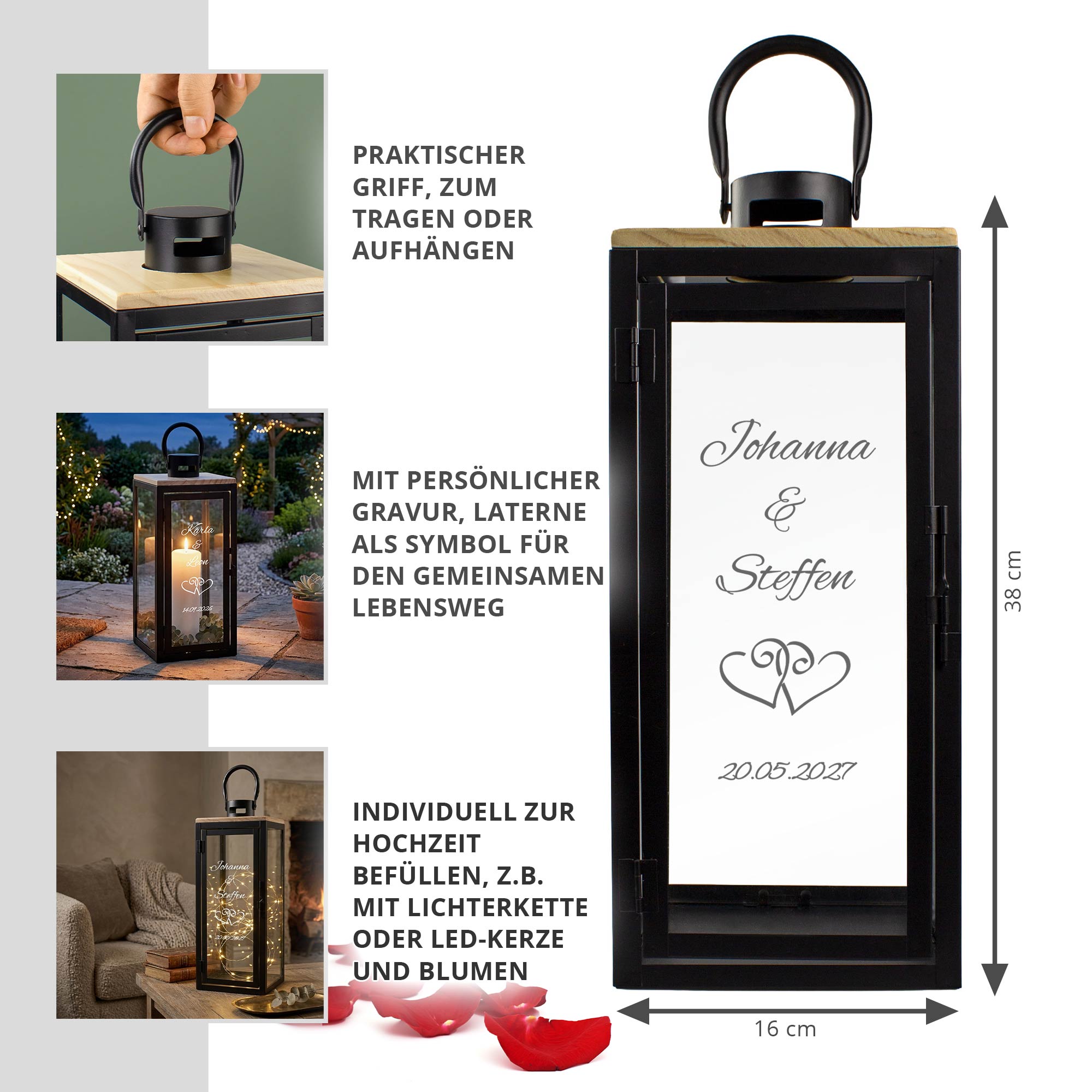 Personalisierte Holzlaterne zur Hochzeit Schwarz - Herzen