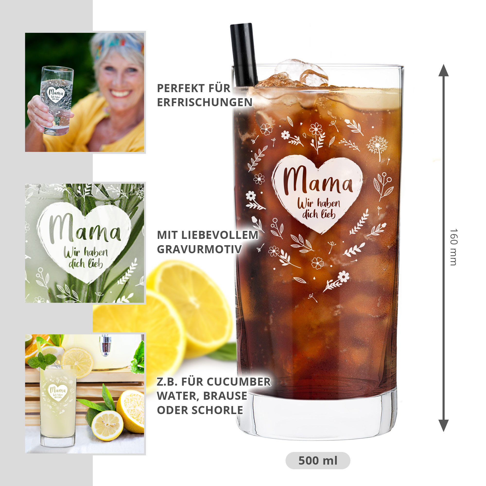 Wasserglas mit Gravur - Blumenherz Mama 0006-0099-DE-0003 - 1