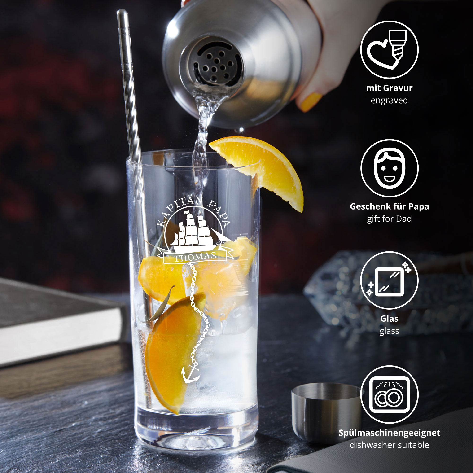 Cocktailglas mit Gravur für Papa - Segelschiff
