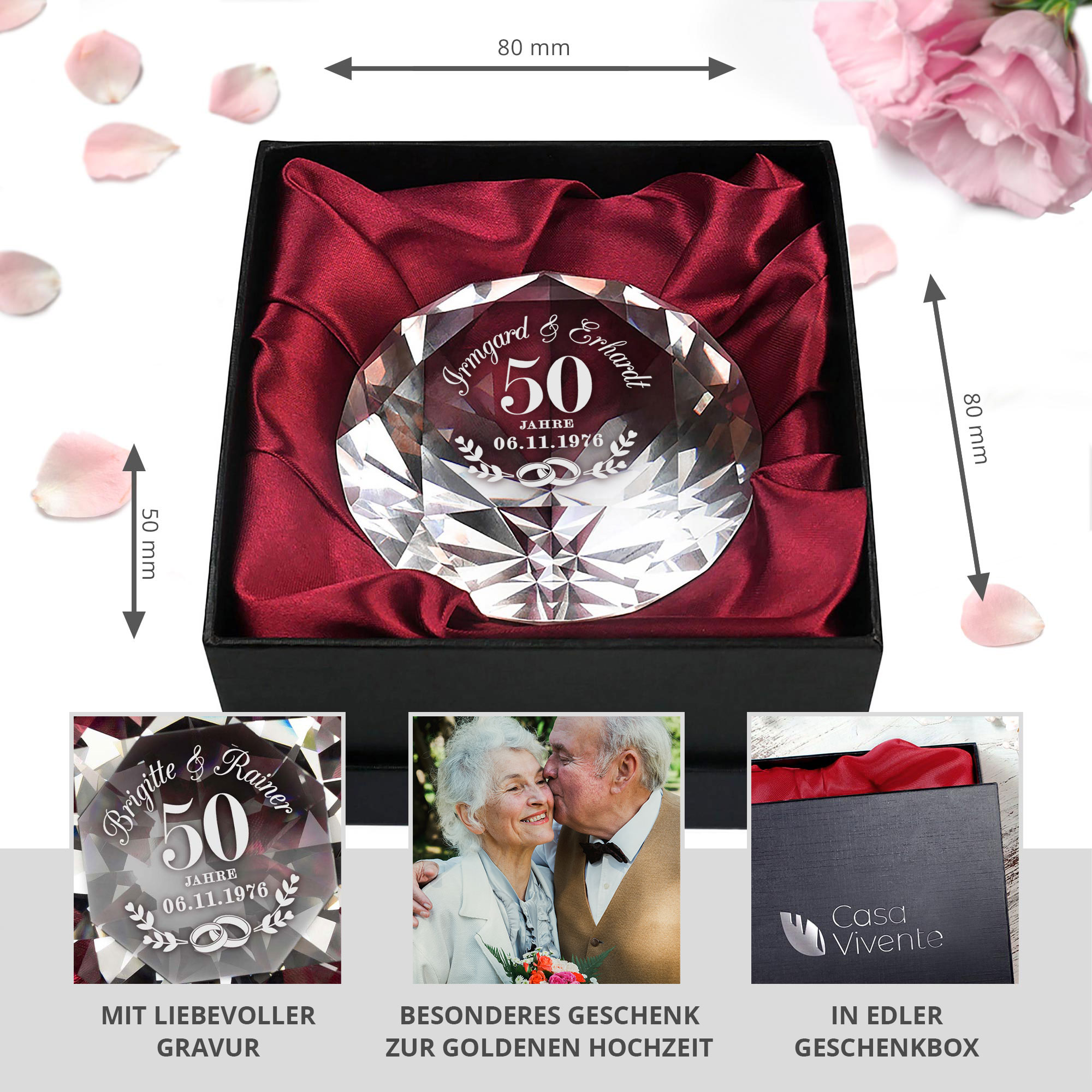 Diamant Kristall mit Gravur zur goldenen Hochzeit