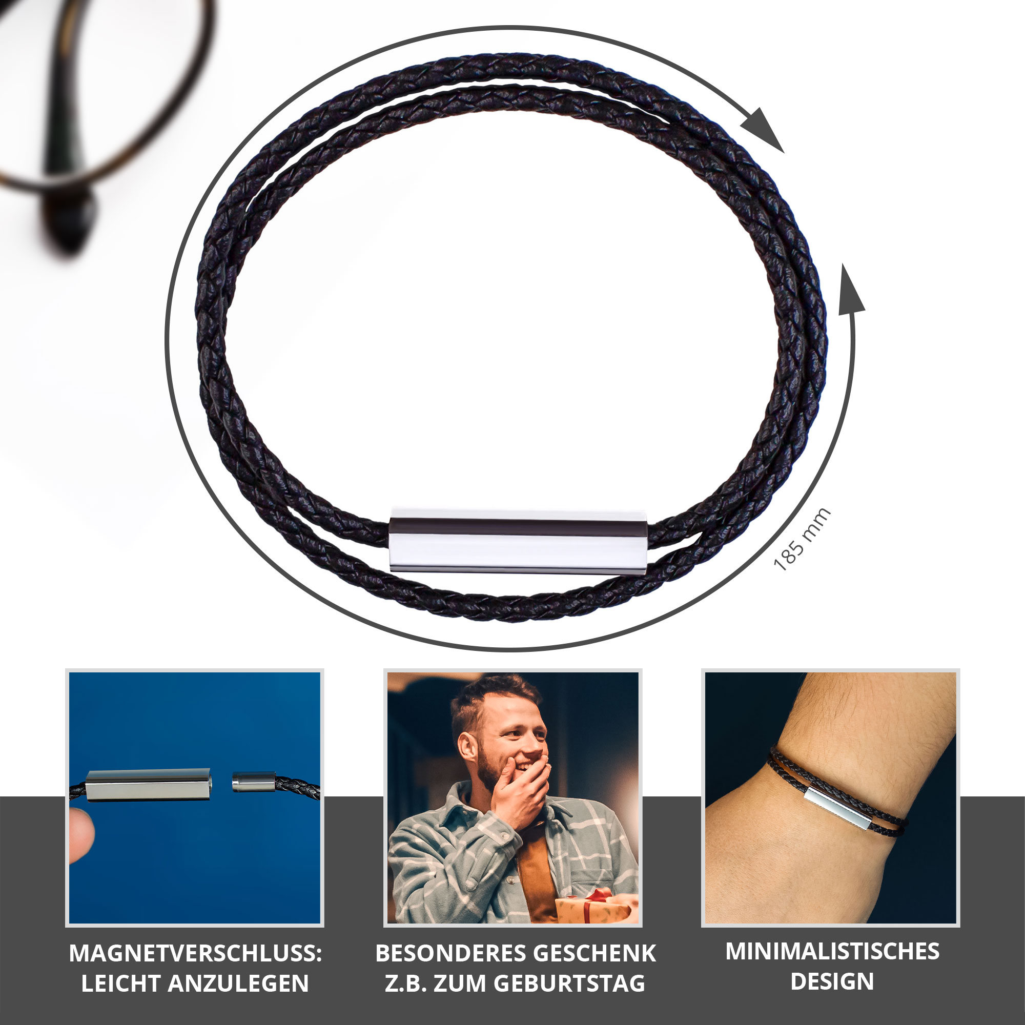 Geflochtenes Lederarmband zum Wickeln - Silber