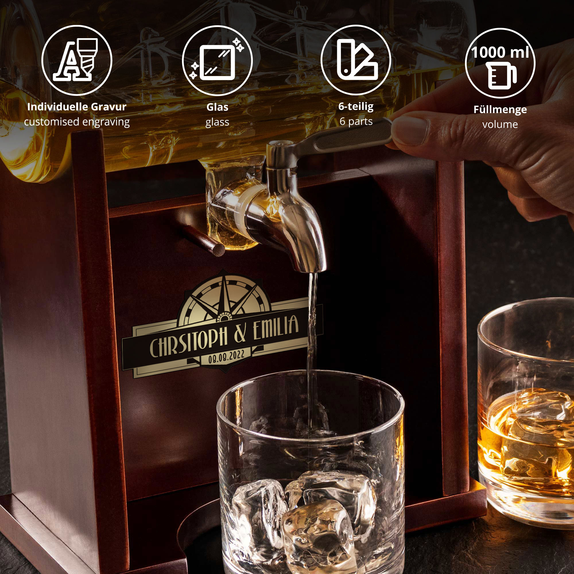 Whisky Set - Fass Karaffe mit 2 Gläsern