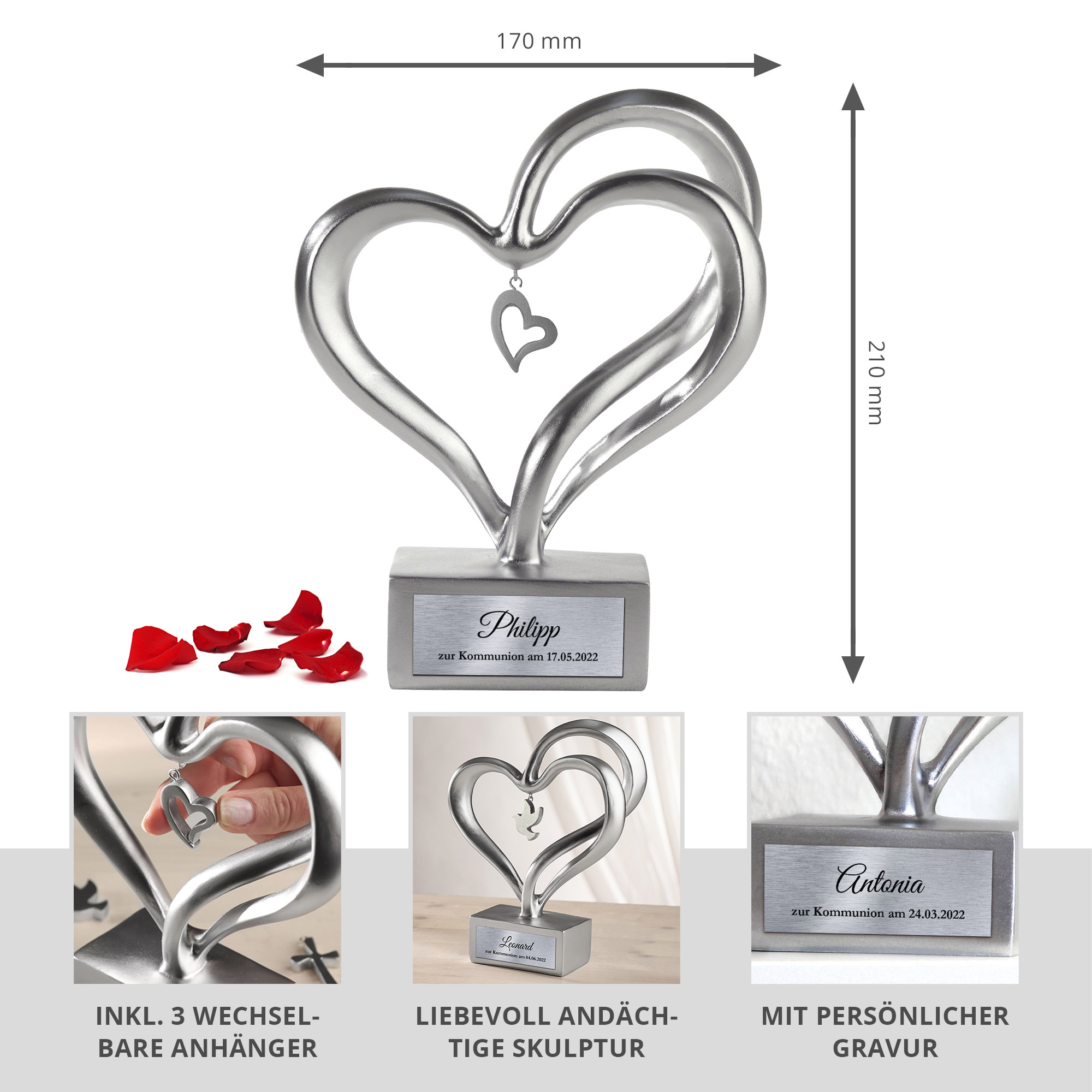 Personalisierte Silber Herz Skulptur zur Kommunion