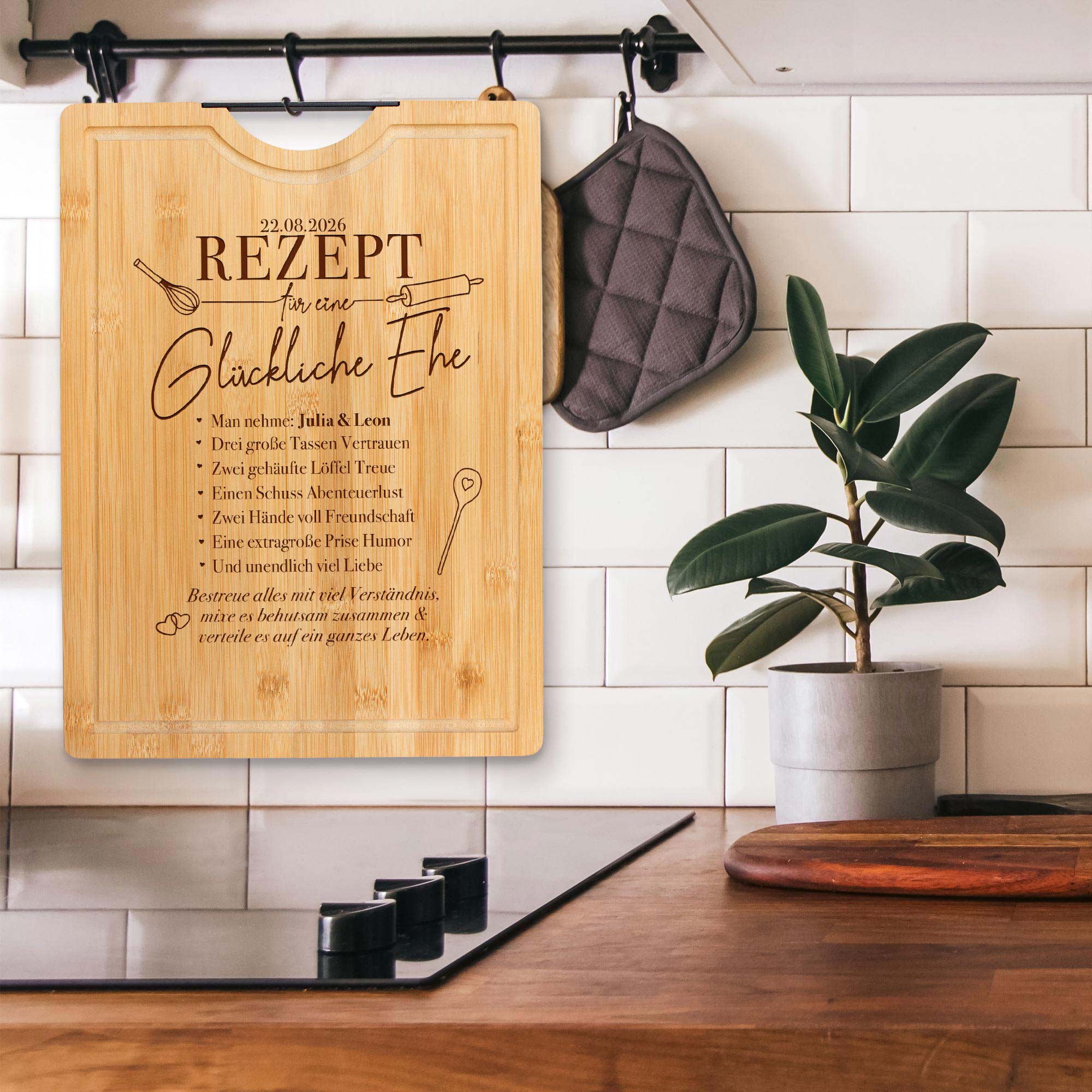 Bambusholz Schneidebrett mit Gravur - Rezept glückliche Ehe