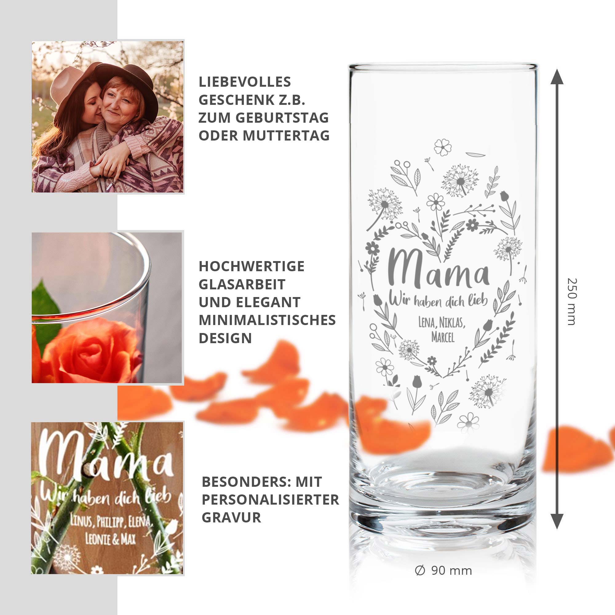 Runde Vase mit Gravur - Blumenherz für Mama Runde Vase mit Gravur - Blumenherz für Mama