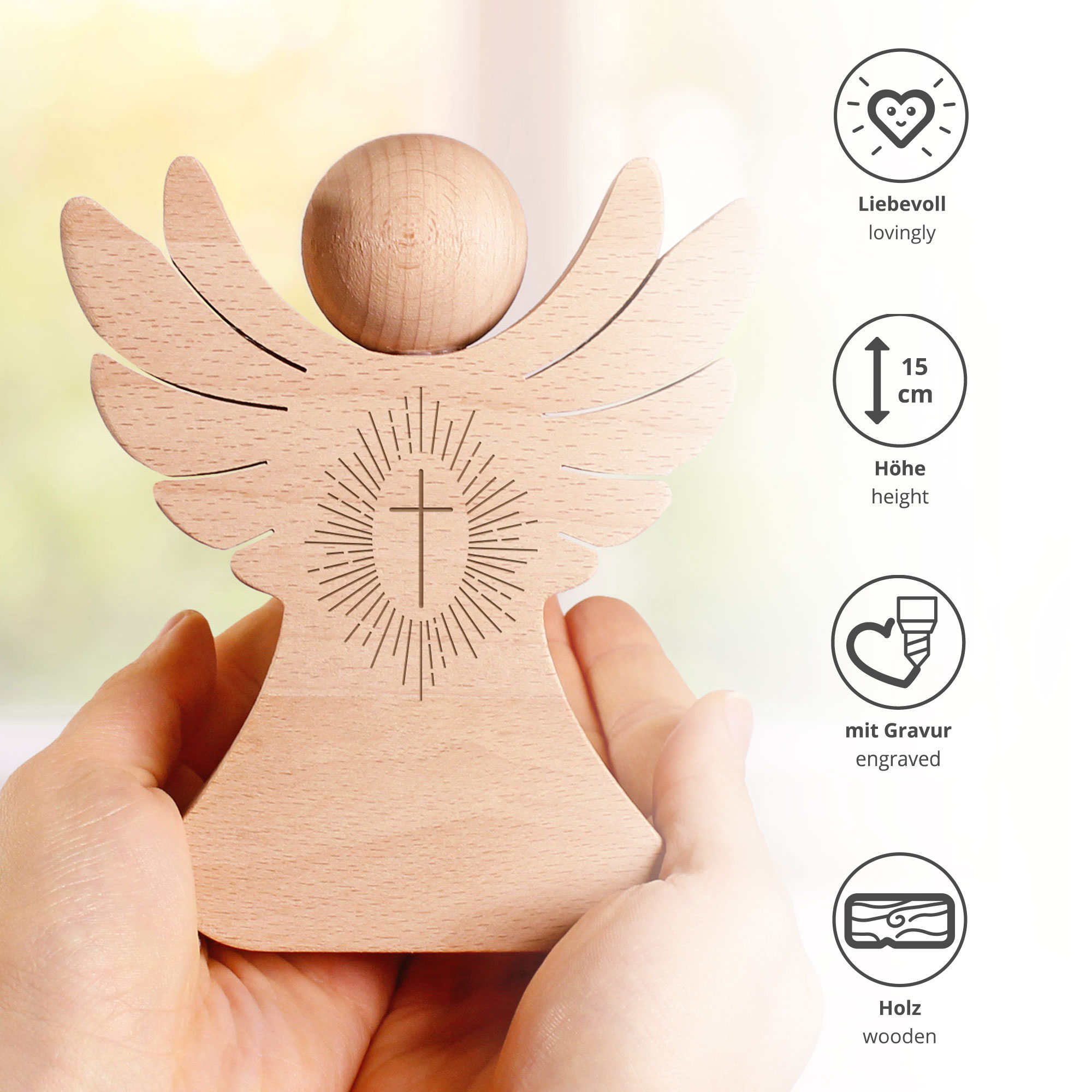 Holzengel mit Gravur - Kreuz
