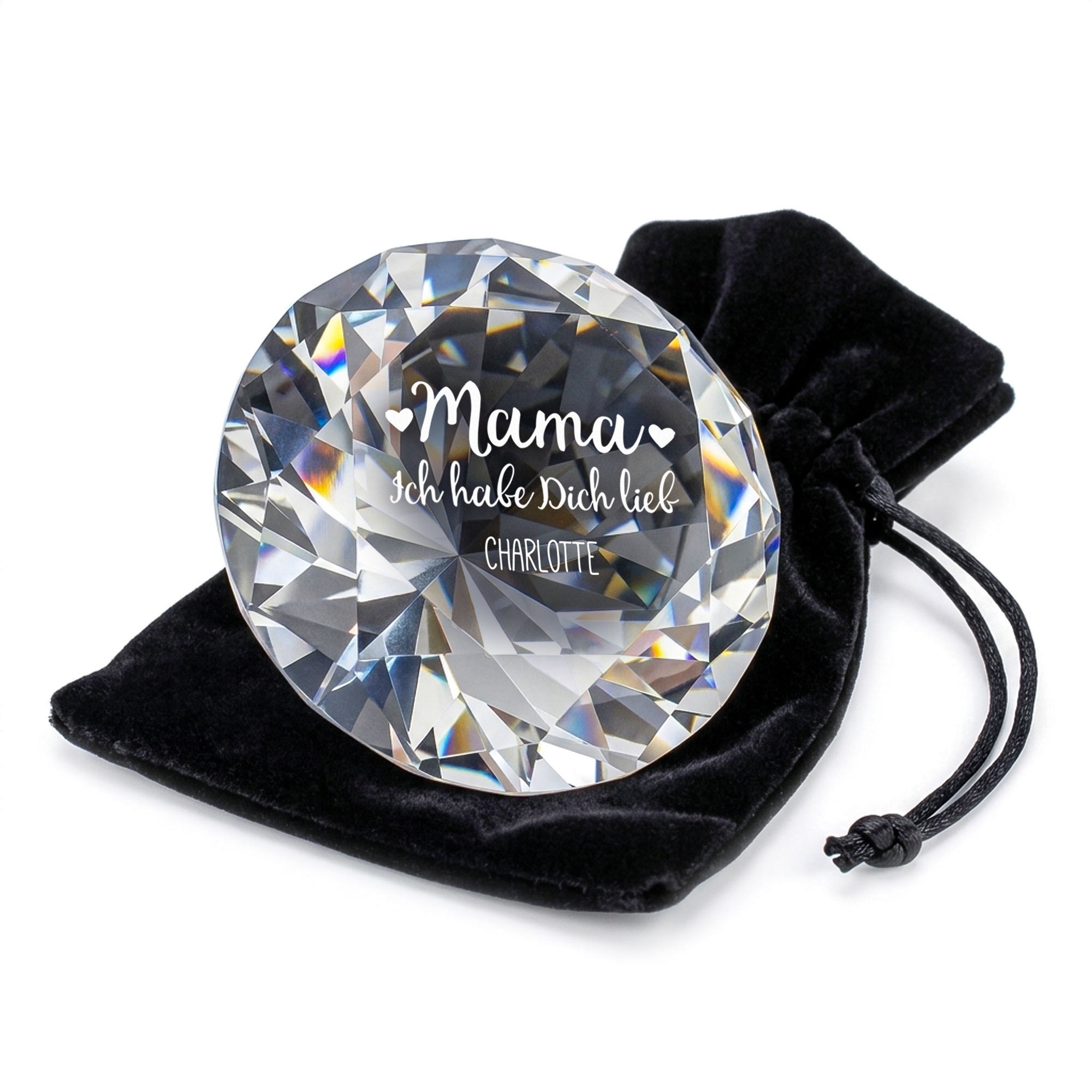 Diamant Kristall mit Gravur und Samtsäckchen - Mama wir haben dich lieb Diamant Kristall mit Gravur und Samtsäckchen - Mama wir haben dich lieb