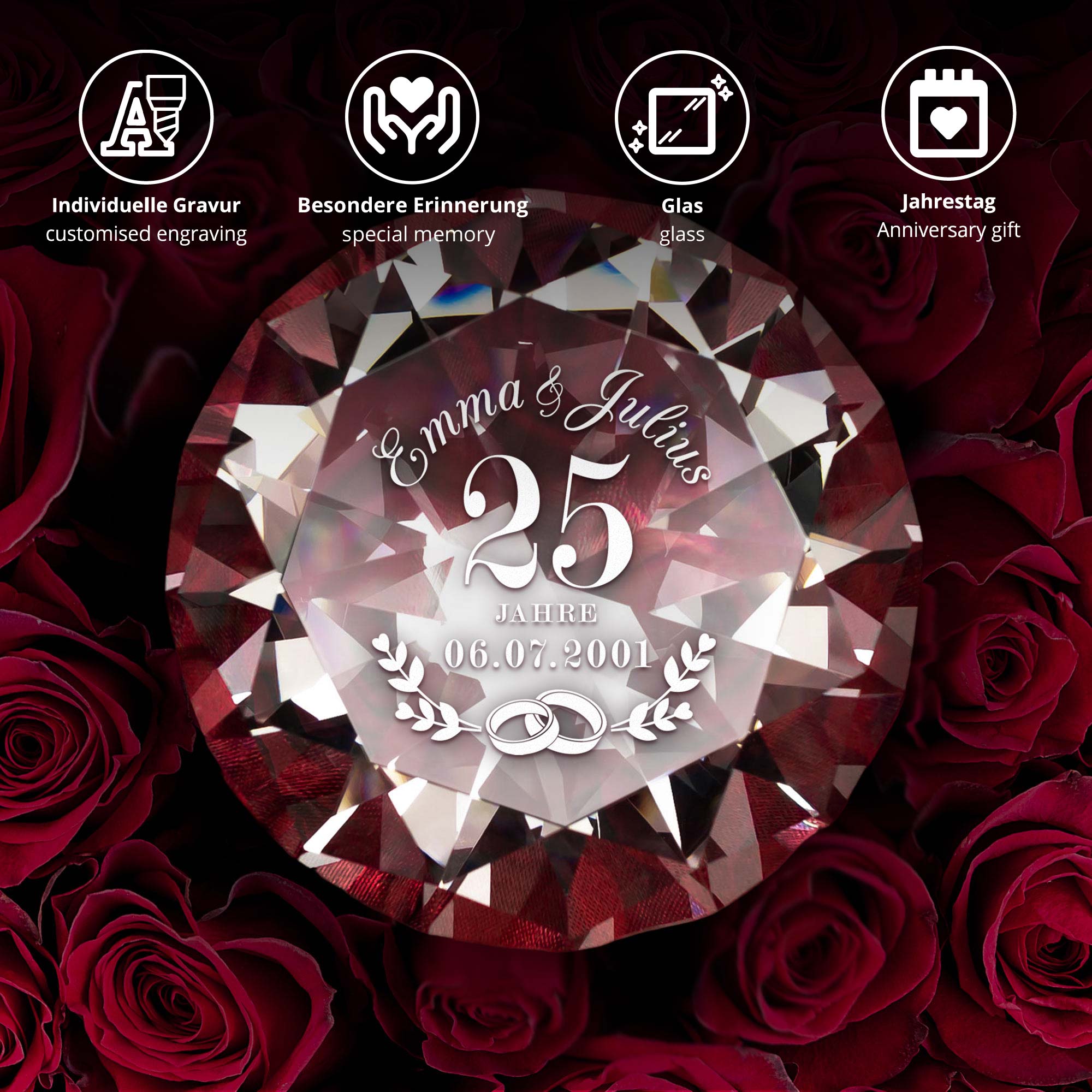 Diamant Kristall mit Gravur und Samtsäckchen - Silberhochzeit Diamant Kristall mit Gravur und Samtsäckchen - Silberhochzeit