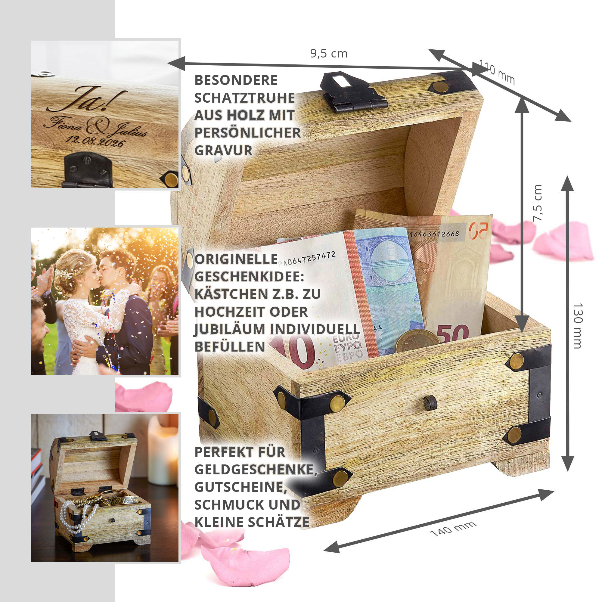 Geld Schatztruhe zur Hochzeit - Jawort Gravur Geld Schatztruhe zur Hochzeit - Jawort Gravur