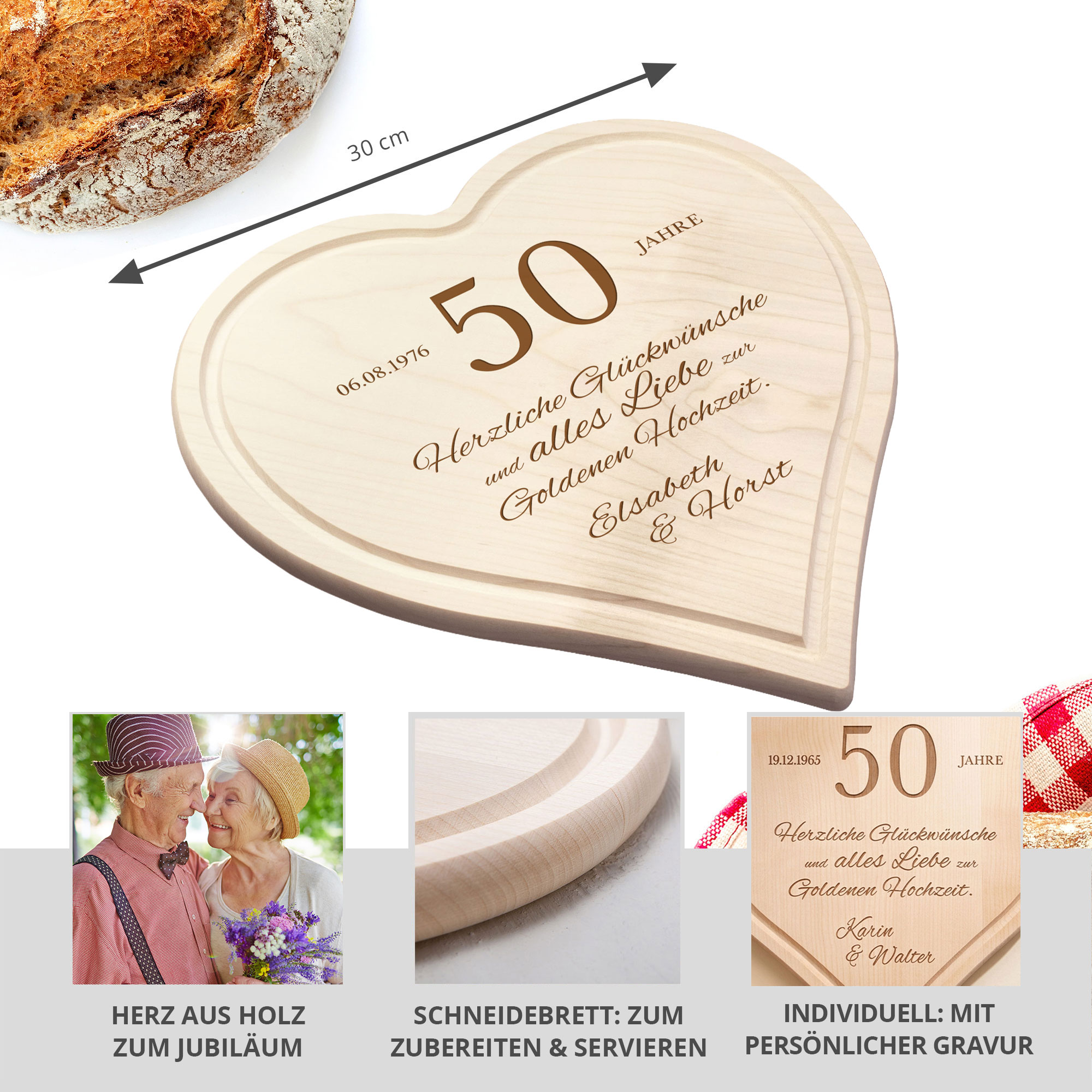 Graviertes Holzherz zur Goldenen Hochzeit