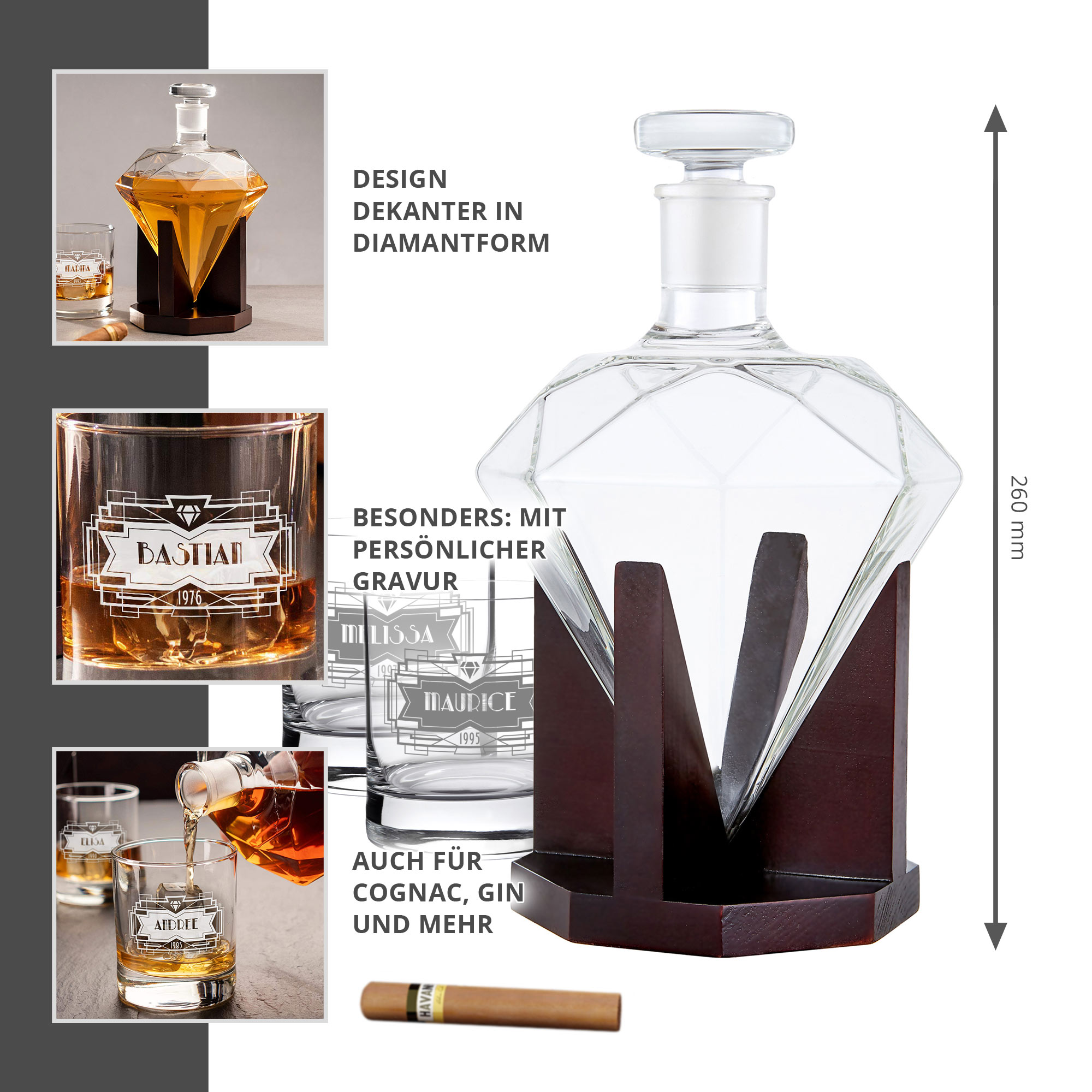 Set mit Diamant Karaffe und 2 Whiskygläsern mit Gravur 1872-145-00-43-MZ - 1