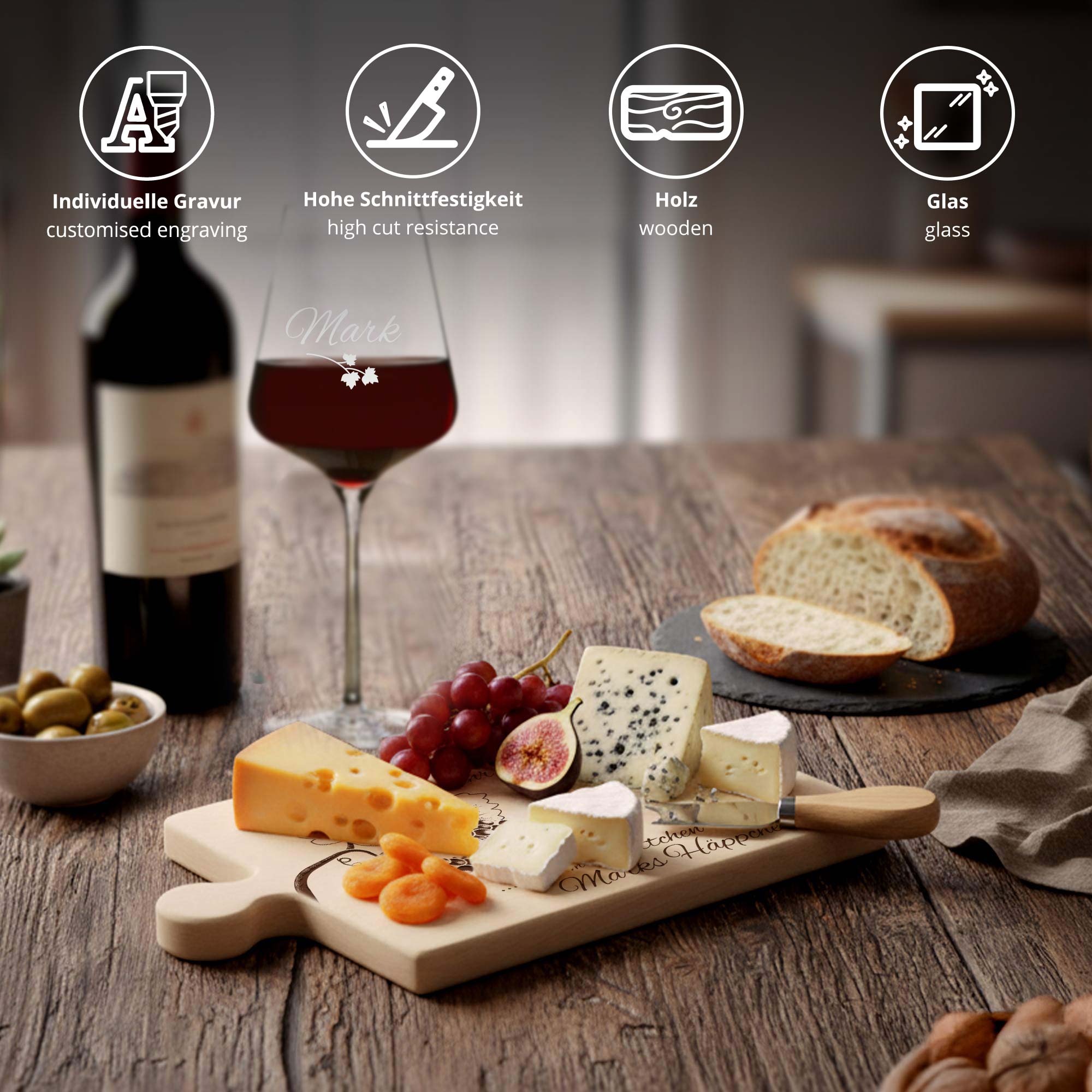 Weinhäppchen - Glas und Puzzle Brettchen personalisiert