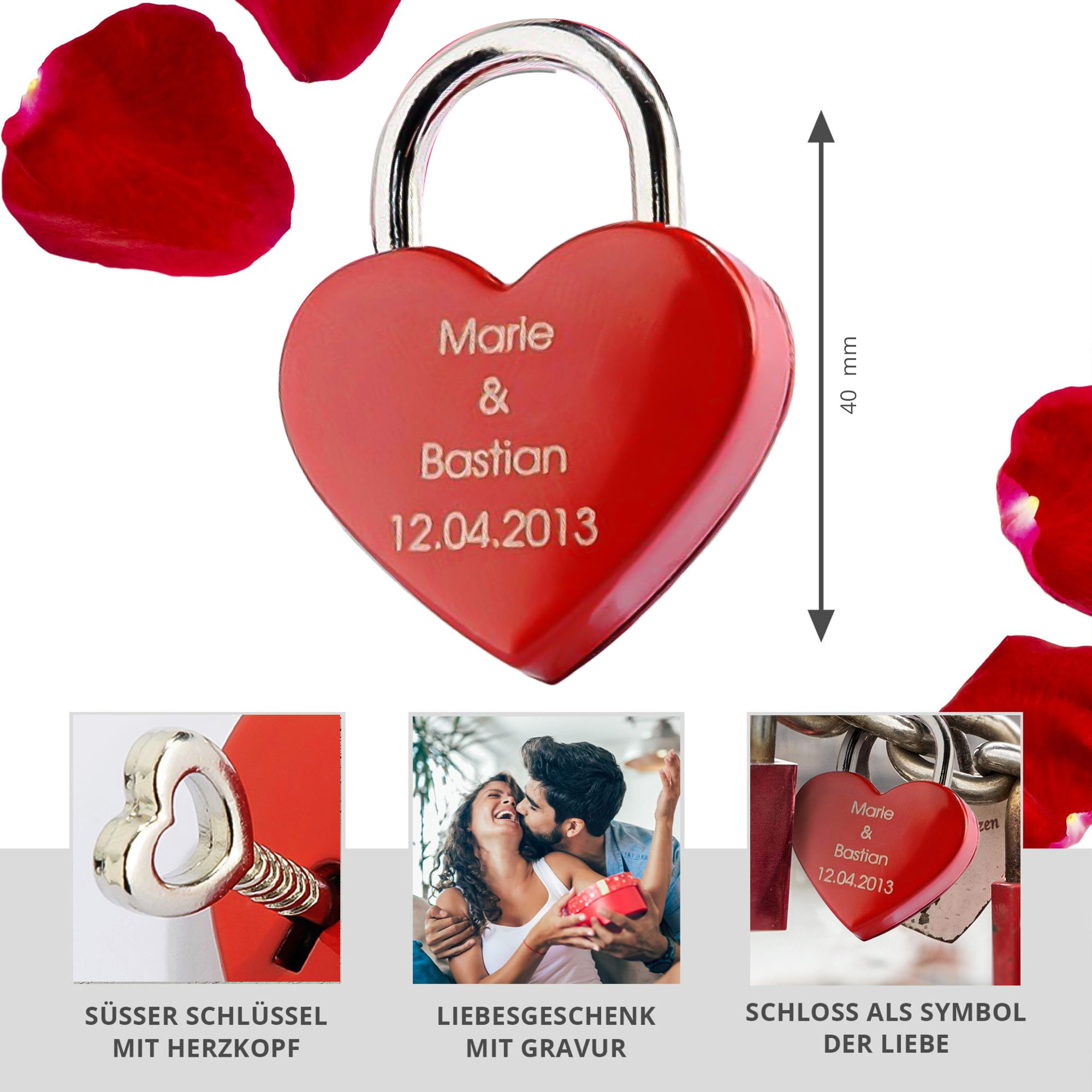 Liebesschloss mit Gravur - Rotes Herz