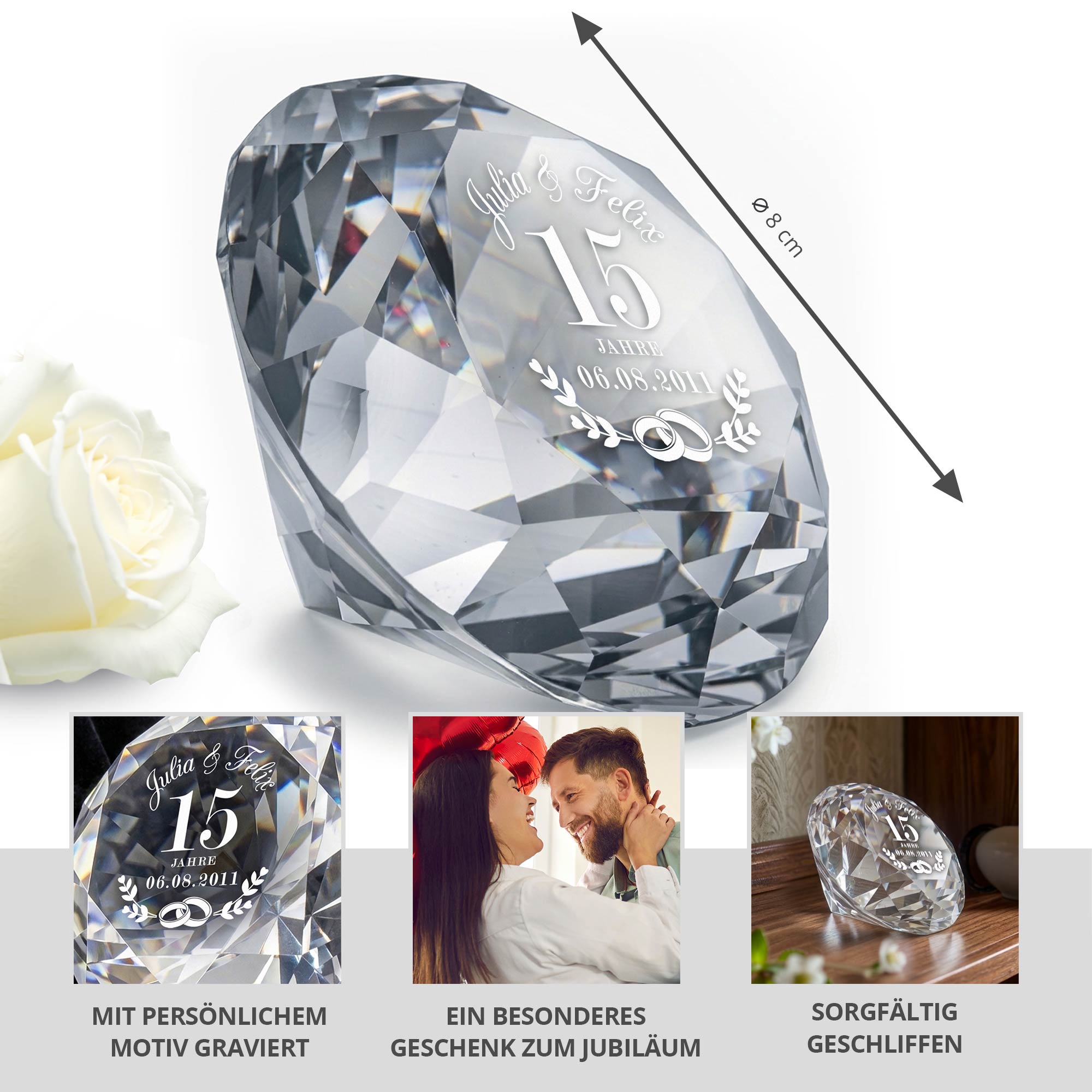 Diamant Kristall mit Gravur und Samtsäckchen - Kristallhochzeit Diamant Kristall mit Gravur und Samtsäckchen - Kristallhochzeit