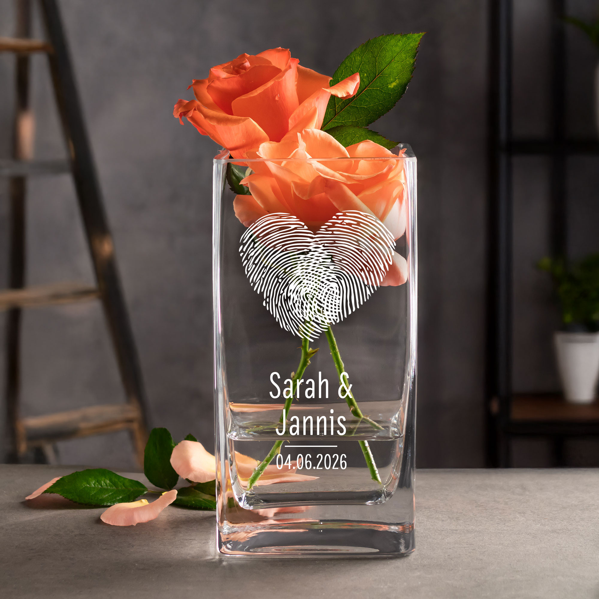 Eckige Vase mit Gravur - Fingerabdruck Herz