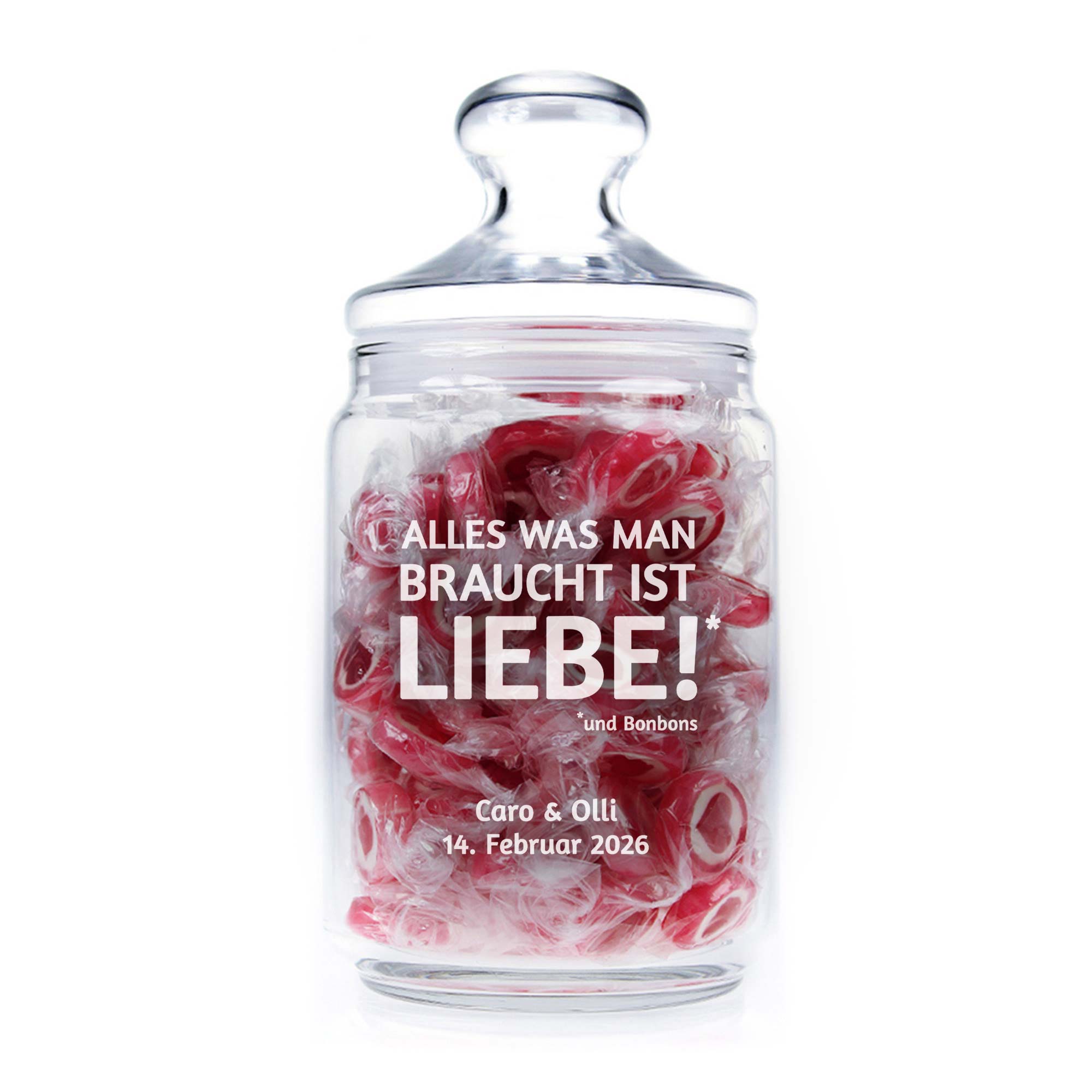 Bonbonglas mit Gravur - Alles was man braucht ist Liebe Bonbonglas mit Gravur - Alles was man braucht ist Liebe