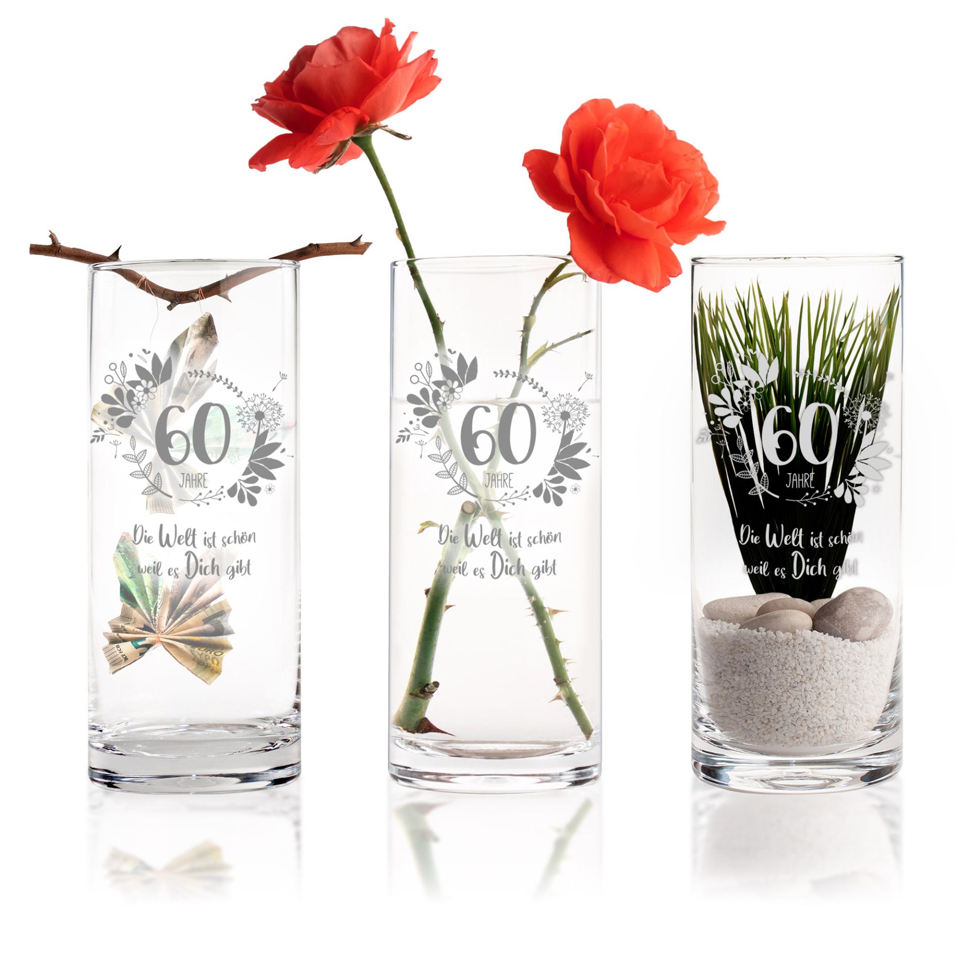 Runde Vase mit Gravur Geburtstag Blumenvase aus Glas
