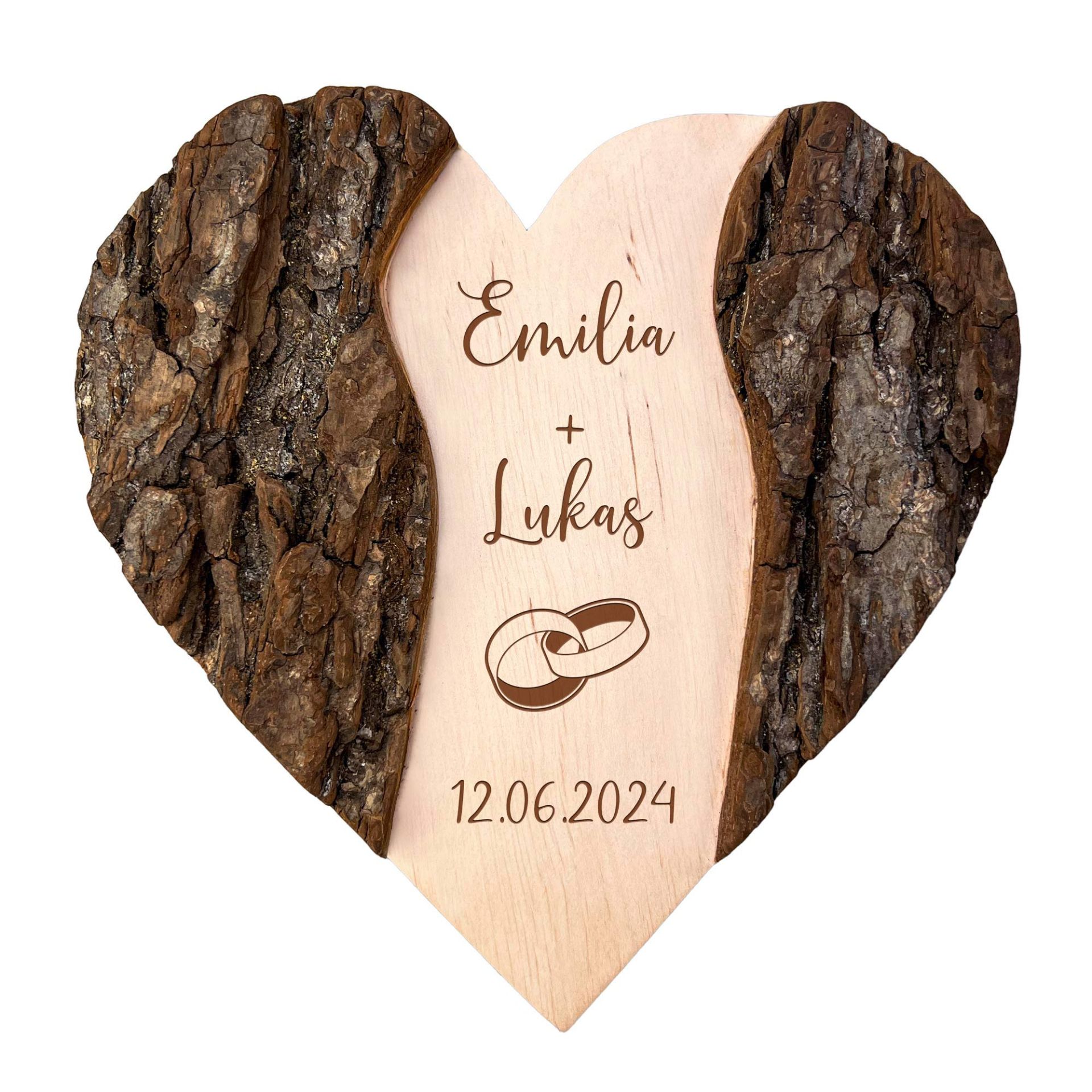 Personalisiertes Holzherz mit Gravur zur Hochzeit Ringe